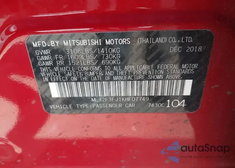 2019 Mitsubishi Mirage G4 Es z USA, uszkodzony, nr VIN ML32F3FJ1KHF07749